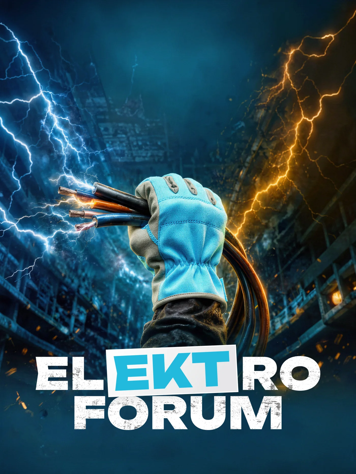 Афиша ELEKTROFORUM 2026: рука электрика с кабелями на фоне молний