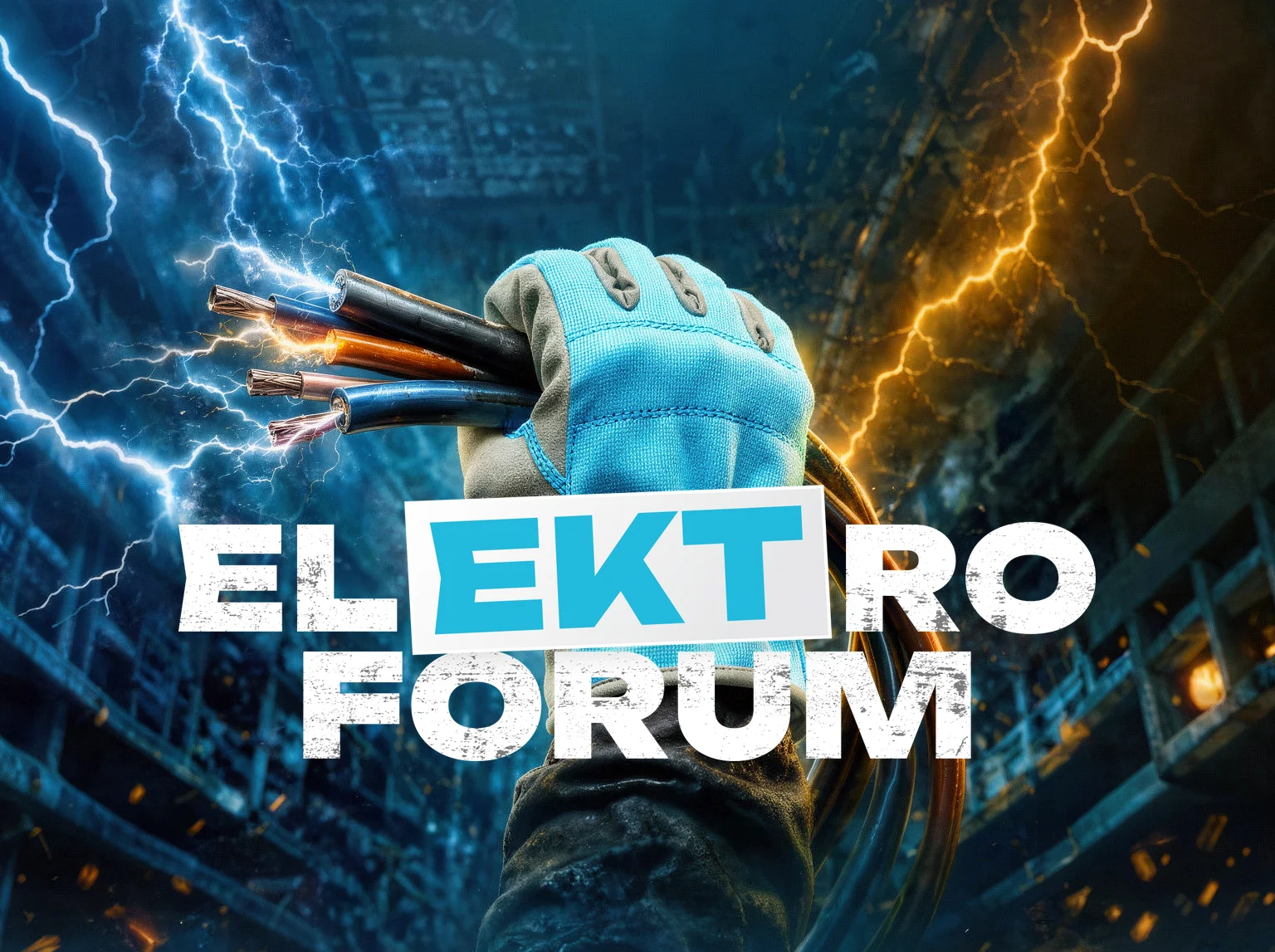 Афиша ELEKTROFORUM 2026: рука электрика с кабелями на фоне молний